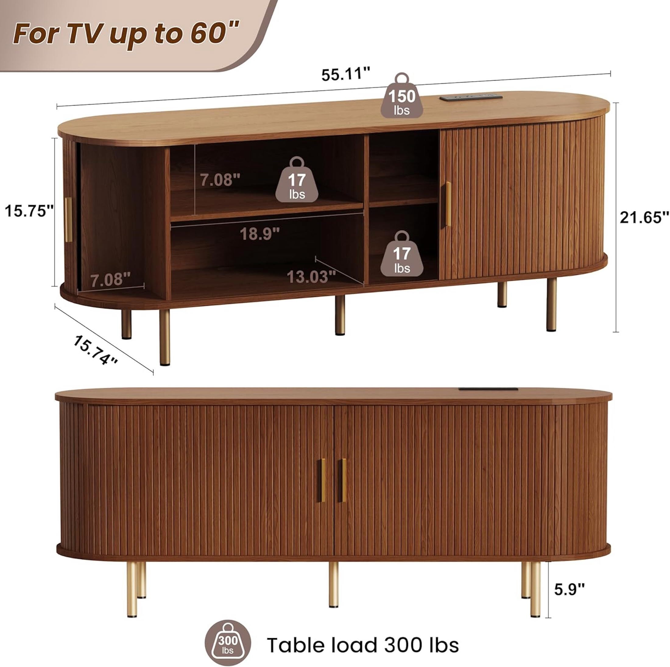AISWORD 55 Inch TV Stand with Power Outlet for TVs up to 60 Inch, Entertainment Center with Storage and Adjustable Shelves, Media Console with Sliding Doors for Living Room, Walnut