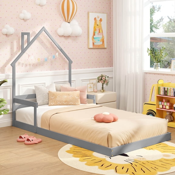 Costway Twin Size Floor Bed for Kids with Chimney Headboard & Handrail Gray