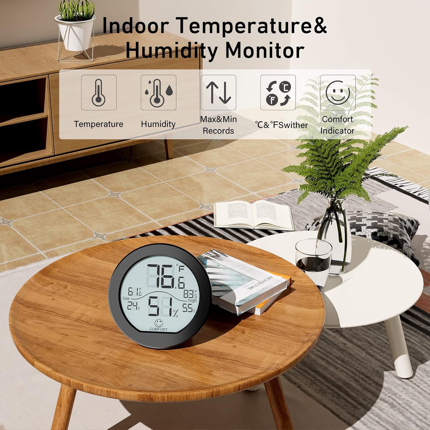 Hygrometer Thermometer for Room Temperature Humidity Meter Indoor Thermometer Accuracy Calibration LCD Temperature Sensor with Maximum and Minimum Records, TH1, Black, 2 Pack