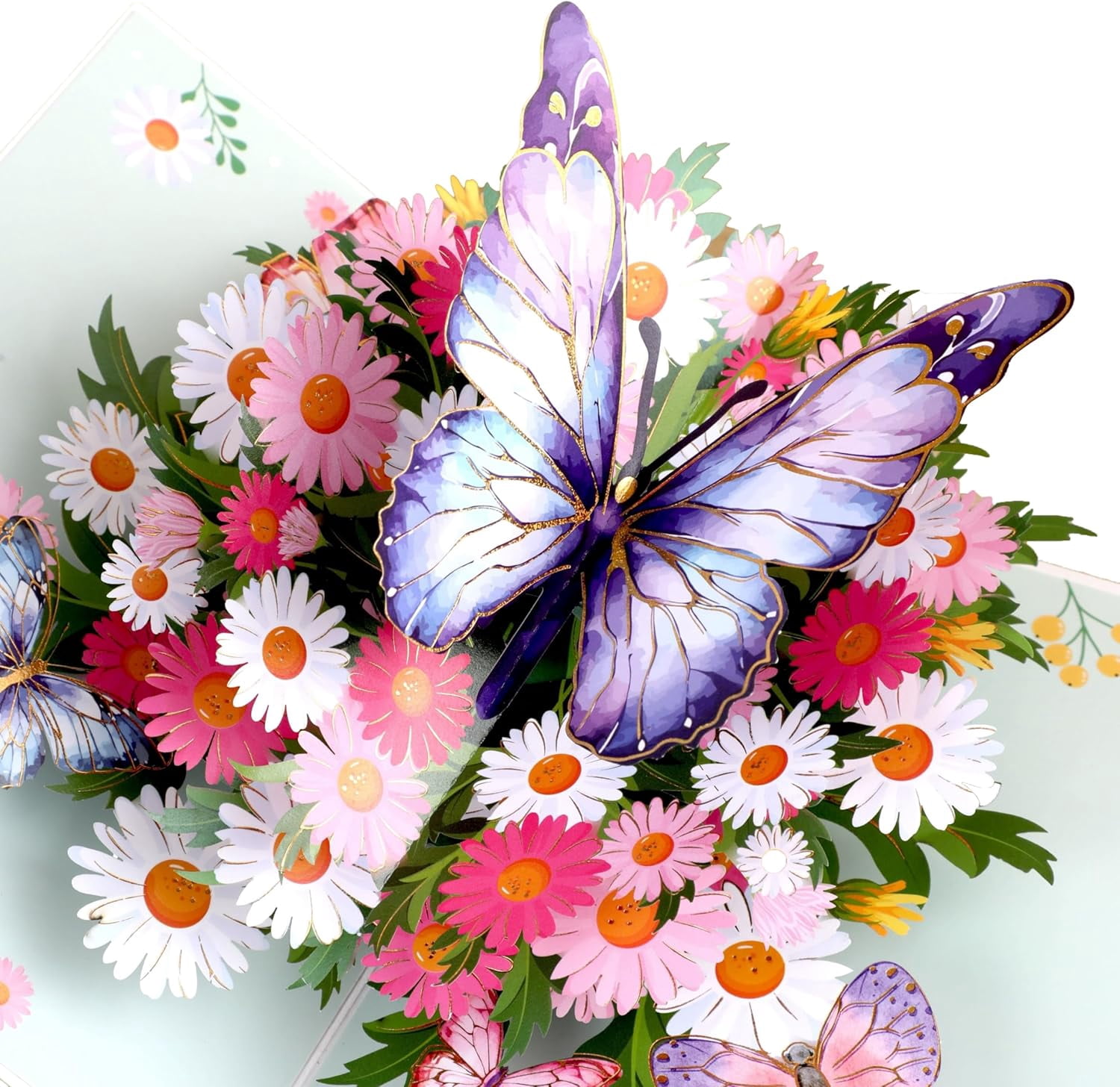 Birthday Card, Voilet Butterfly & Daisies Pop Up Card, 5x7-3D Greeting Card with Note Card & Envelope for Birthday, Thanksgiving, Christmas, Get Well, for Her, Women, Wife, Mom, Grandma