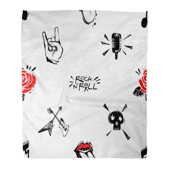 ASHLEIGH Throw Blanket 50x60 Inches Rock and Roll with Rock'n'roll Signs Music Notes Gesture Microphone Skull Cartoon Warm Flannel Soft Blanket for Couch Sofa Bed