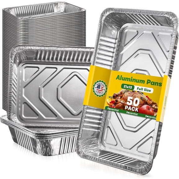 Boxential 21x13 Aluminum Pans [50 Pack], Extra Heavy Duty Full Size Disposable Aluminum Foil Pans, Deep Baking Pans for Cooking, Roasting, Heating, and Steam Tables