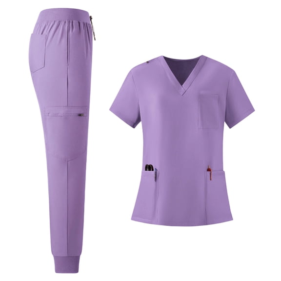 VV AVEORS Scrubs For Women Set Stretch V-Neck Scrub Top & Jogger Pant - Quick Dry Nurse Uniforms Set With Multi Pockets All-Day Comfort Light Purple 2XL