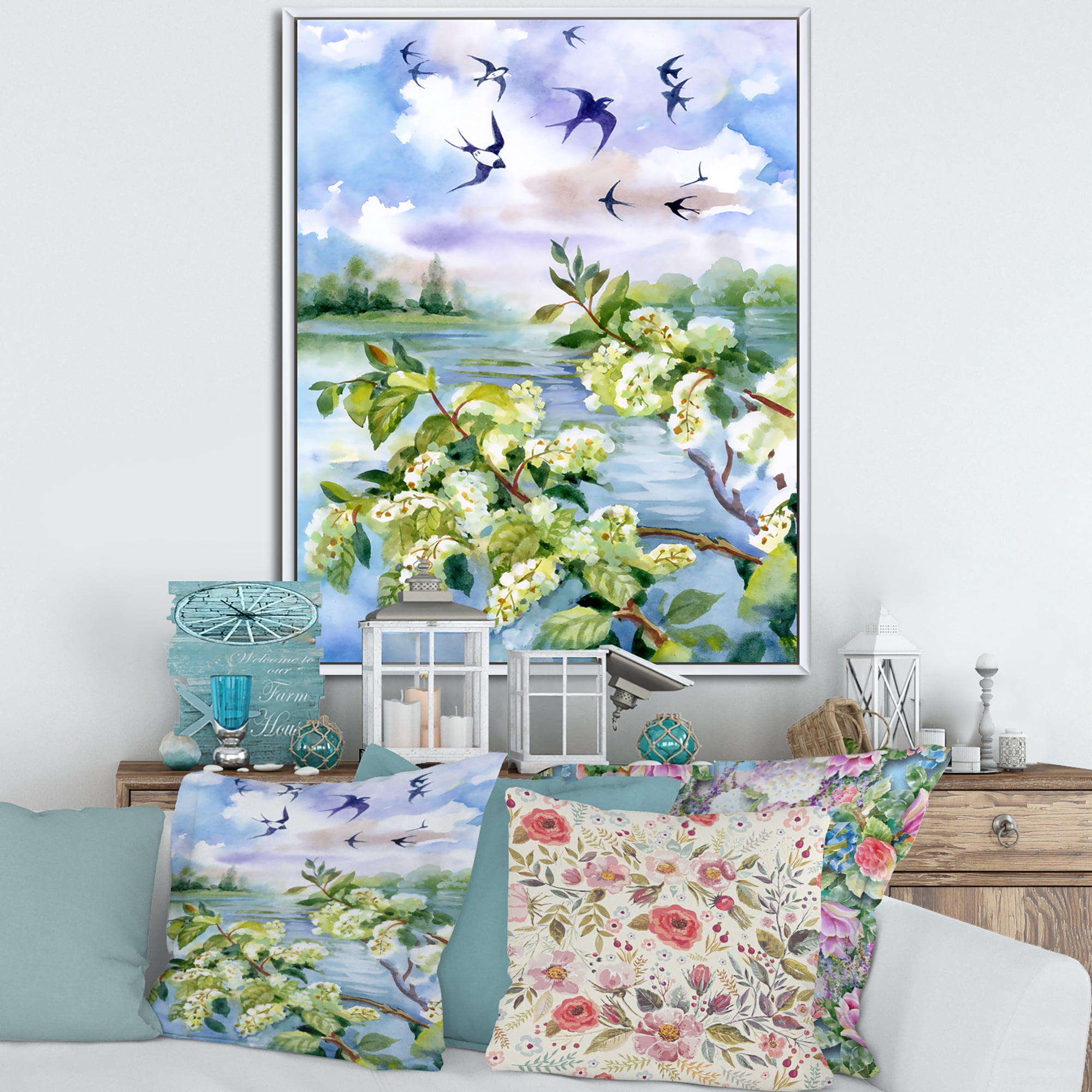 Designart 'Flowers of The Cherry Blossoms On A Spring Day Landscape' Traditional Framed Canvas Wall Art Print