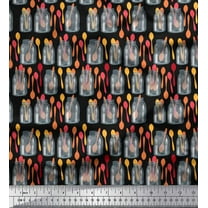 Soimoi Black Cotton Voile Fabric Bottle Vase & Spoon Kitchen Print Fabric by the Yard 42 Inch Wide