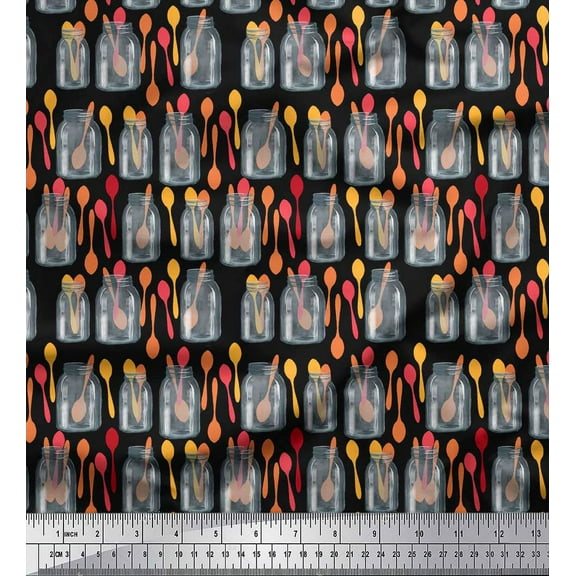 Soimoi Black Cotton Voile Fabric Bottle Vase & Spoon Kitchen Print Fabric by the Yard 42 Inch Wide