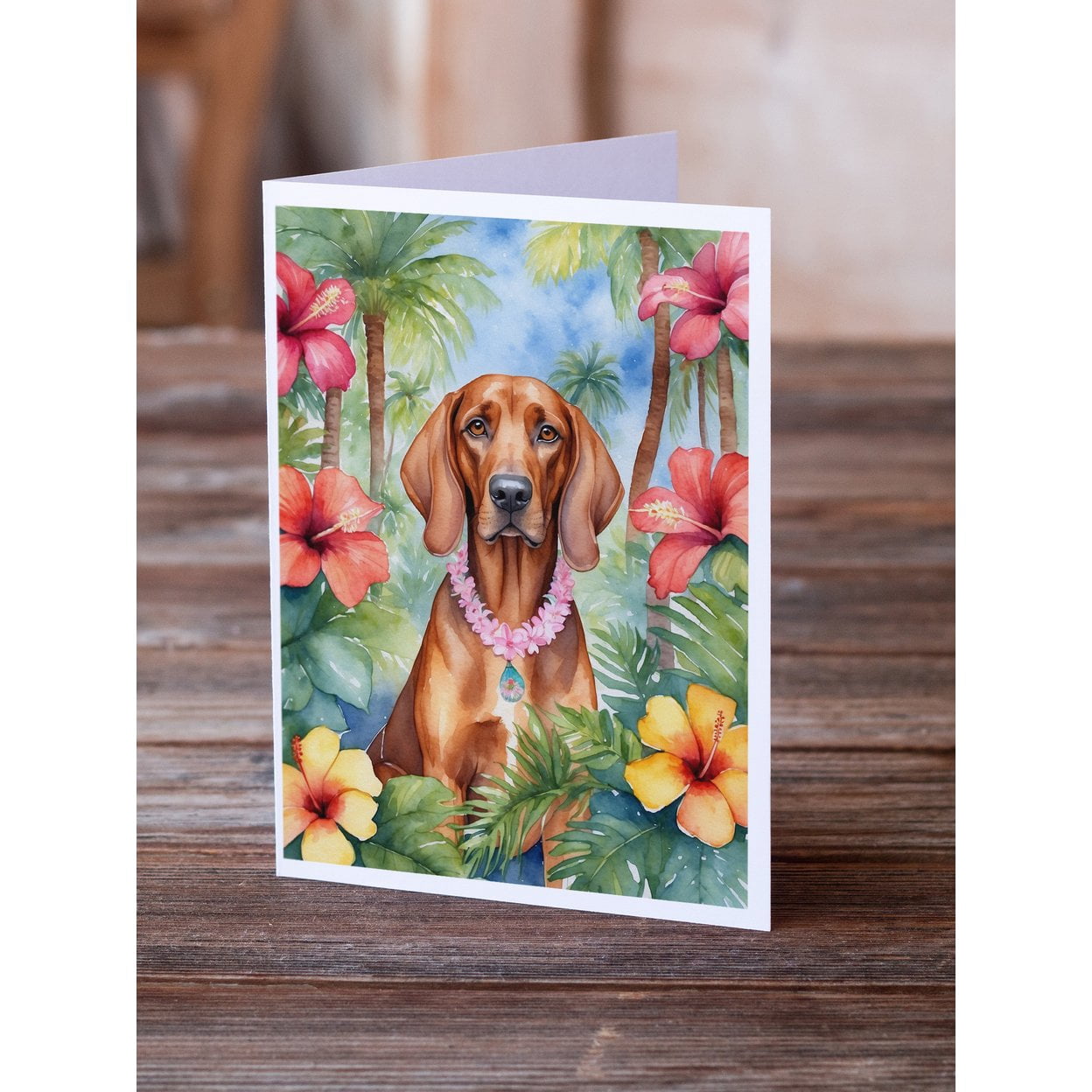 Redbone Coonhound Luau Greeting Cards Pack of 8 7 in x 5 in
