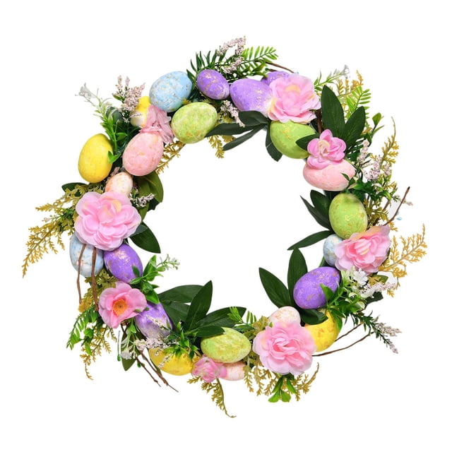 Guirnalda de huevos de Pascua, guirnalda navideña, corona redonda de flores artificiales, decoración de primavera y Pascua para puerta delantera