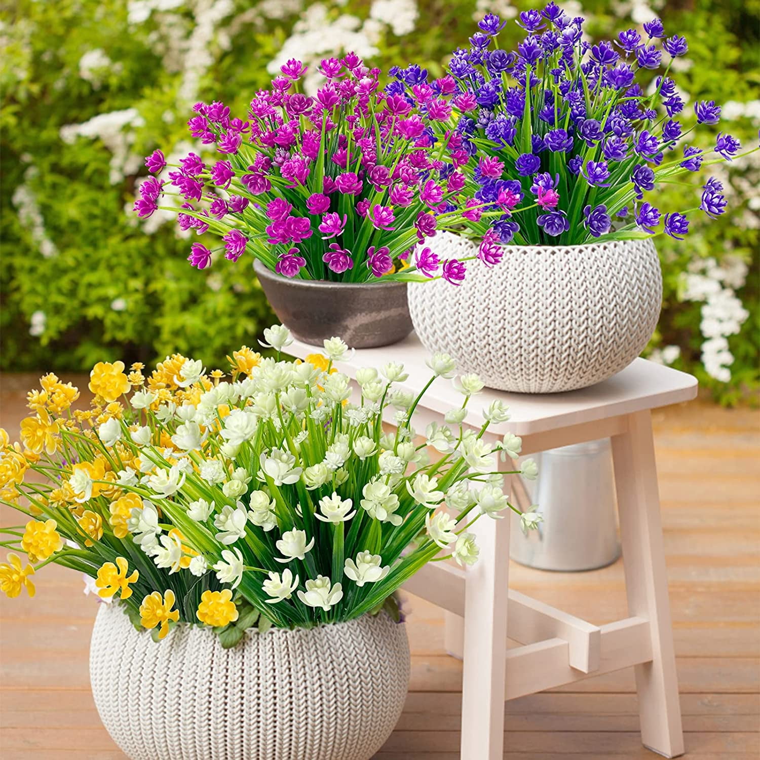 Corn Flower Artificial Flowers for Outdoor UV Resistant Fake Plants, Faux Plastic Flower Artificial Plants for Home Window Box Porch Indoor Cemetery Spring Summer Decor(White)
