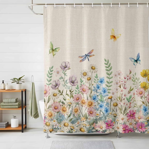 Shower Curtain Spring Floral Shower Curtains for Bathroom Decor, Waterproof Polyester Shower Curtain Set with Hooks, Extra Long 72" x 78" Watercolor Flower Butterfly Dragonfly
