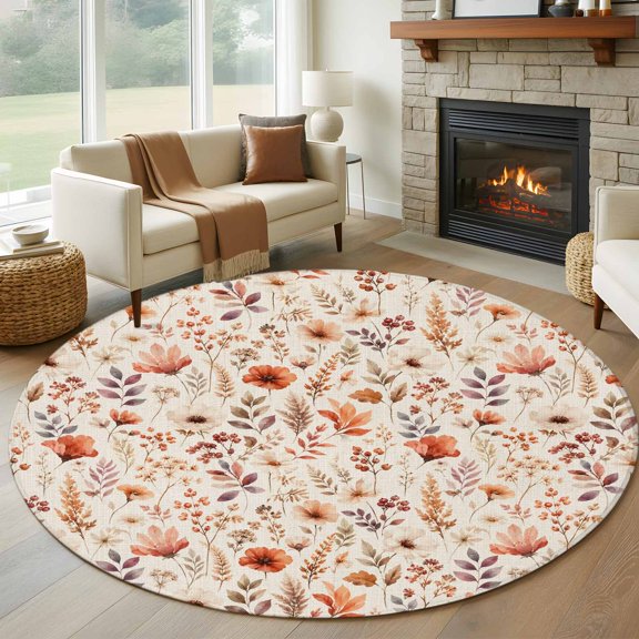 Fall Flowers Round Area Rug 5ft, Farmhouse Retro Budding Nature Floral Branch Washable Non-Slip Circle Rugs for Bedroom Living Room Kitchen, Soft Low Pile Carpet for Dining Room Playroom Nursery