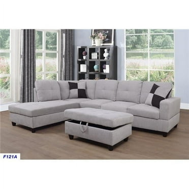 Lifestyle LS121A Left Facing Sectional Sofa Set - Flannelette, Grey & White - 3 Piece