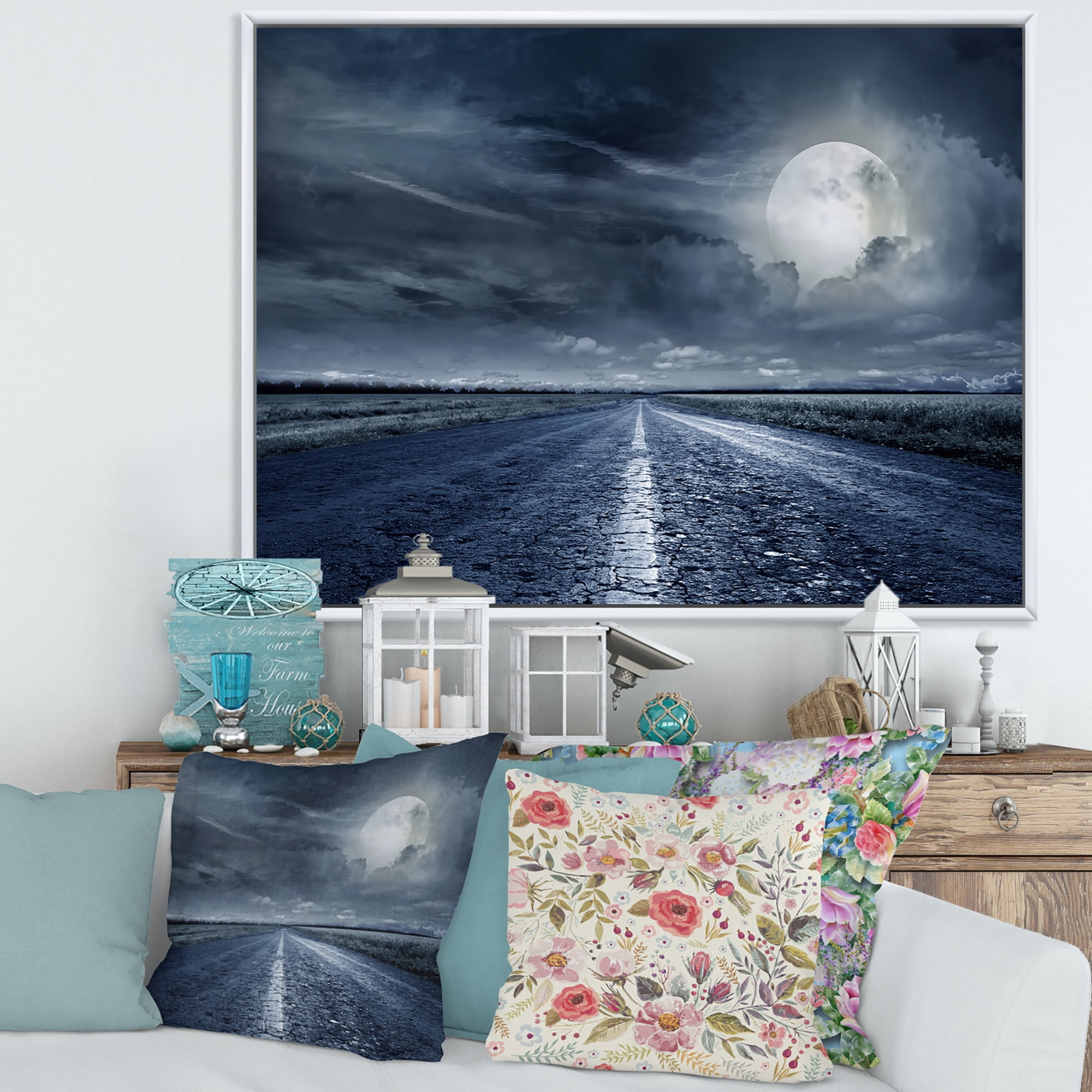 Designart 'Cloudy Full Moon Over Asphalt Road II' Nautical & Coastal Framed Canvas Wall Art Print