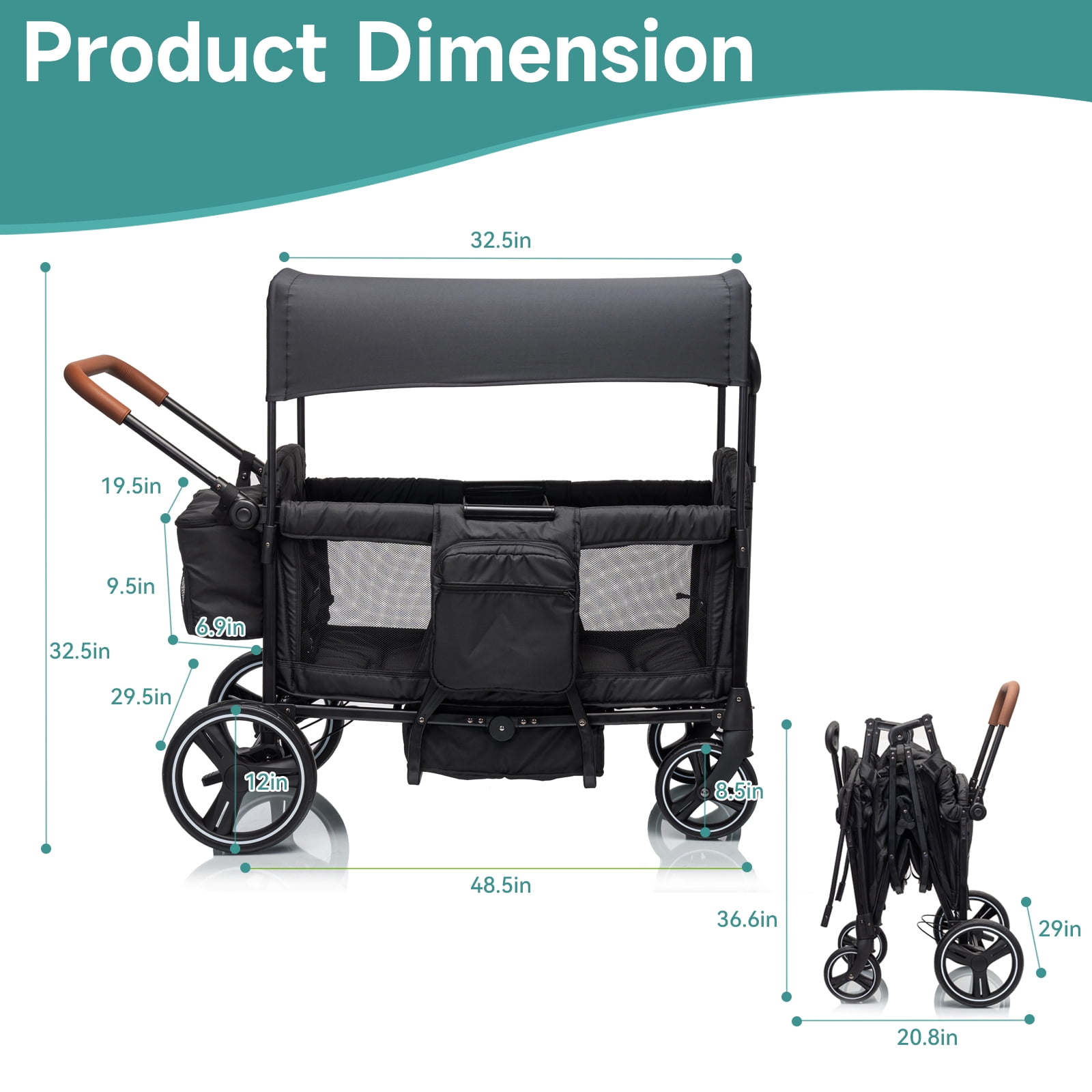 Folding Push Pull Wagon Stroller for 2 Kids – Adjustable Canopy UPF 50+ and Mosquito Net, 5-Point Harness, All-Terrain Wheels, Large Storage with Snack Tray, Ideal for Baby Toddler Park Beach Travel