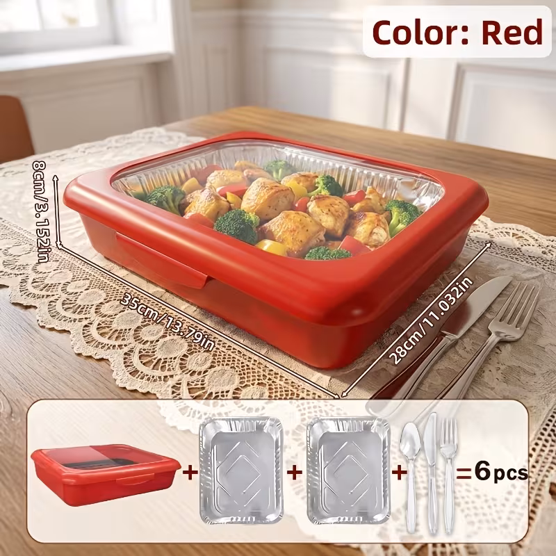 Red, variant on Elegant Pans 2 IN 1 Reusable Plastic Food Storage Boxes with 2 Complimentary Foil Trays and Heat Resistant Durable Plastic Cutlery Set for Outdoor Gatherings,Christmas, And Thanksgiving Presents