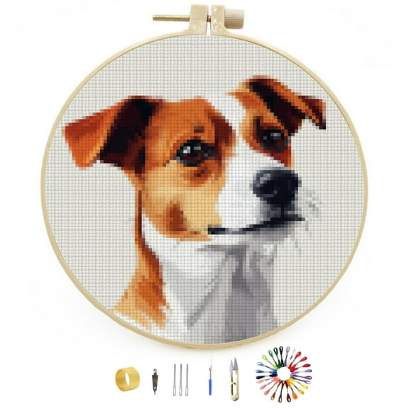 DIY Stamped Cross Stitch Kits Jack Russell Dog Easy for Beginners with Hoop 11CT Counted Embroidery Needlepoint Crafts Arts for Handmade Enthusiasts and Home Decor 30x30cm(1)