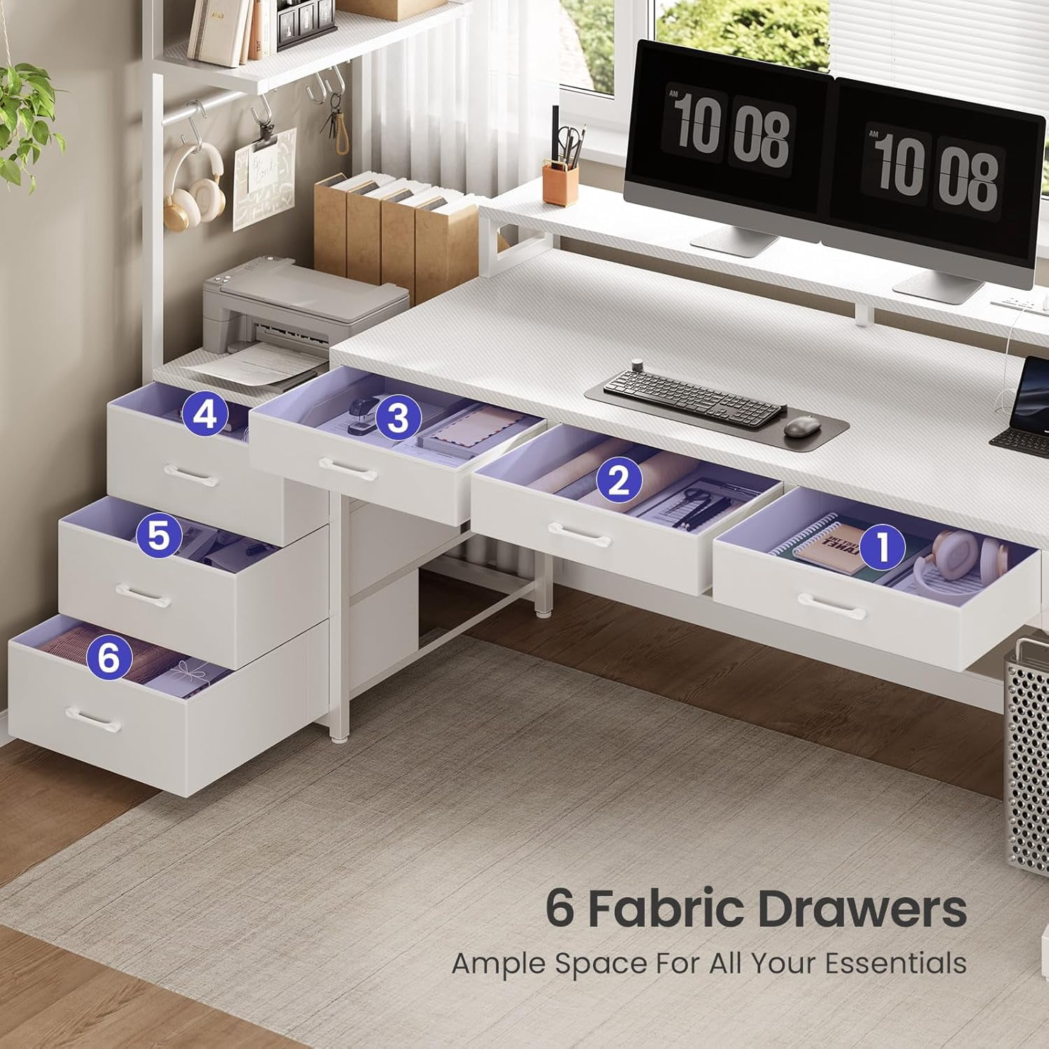 55" Gaming Desk with 6 Drawers, Small Corner Computer Desk with Power Outlets & LED Lights, Home Office Desk with Monitor Stand & Hooks, Reversible PC Desk with Storage, Carbon Fiber White