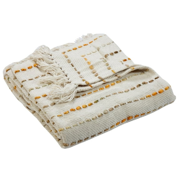Laddha Home Designs Yellow and White Shimmer Striped Woven Fringed Throw Blanket 50" x 60"