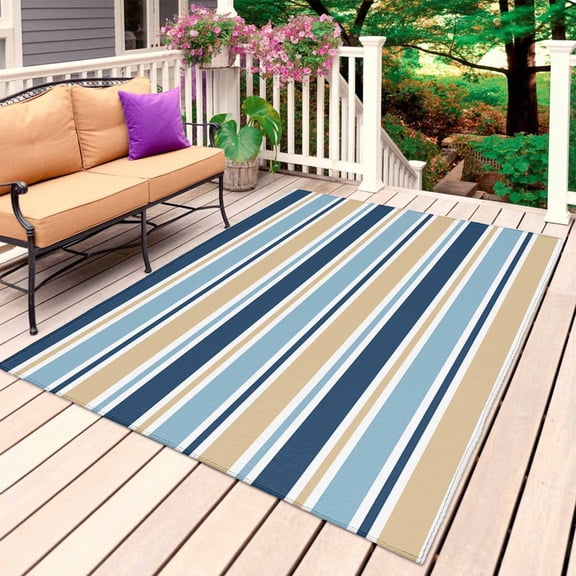 Blue Khaki Striped Outdoor Rug 4x6 Ft, Non Slip Washable Area Rug, Farmhouse Stripes Modern Abstract Art Patio Rugs Carpet Runner, Large Floor Mat for Indoor/Outdoor Deck Porch Camping