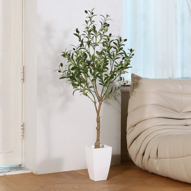 4 ft Artificial Olive Plants in White Tower Planter with Realistic