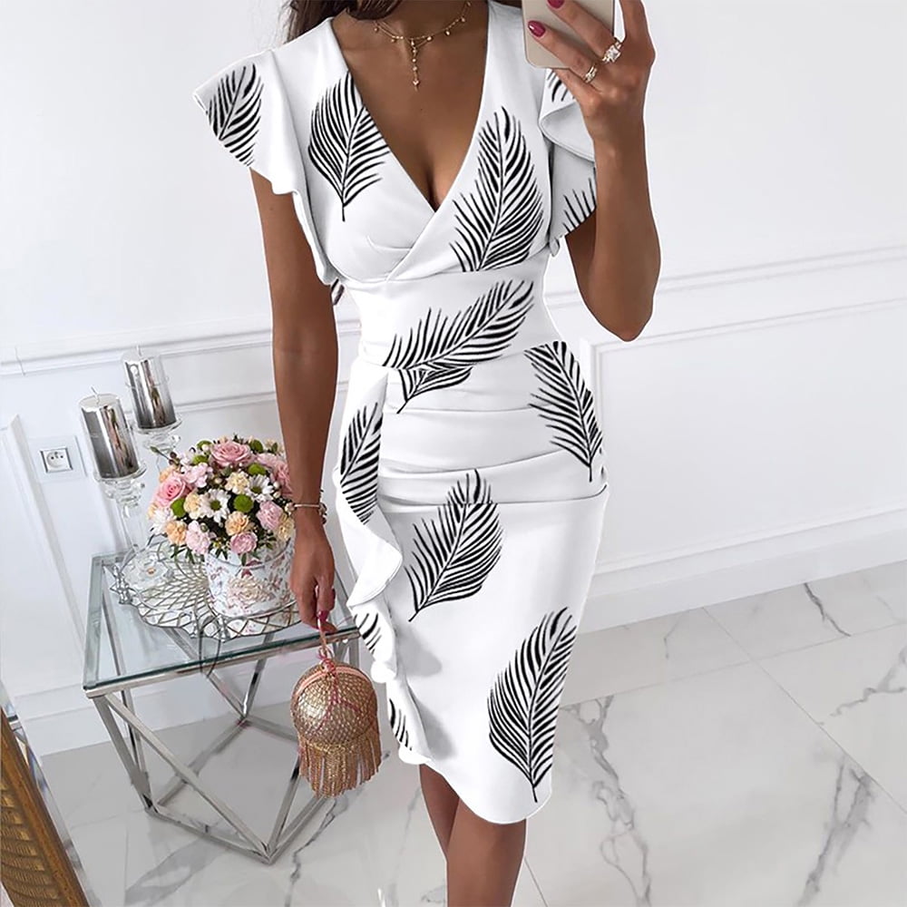 MELDVDIB Elegant Midi Work Floral Printed Dress Women Deep V Neck Ruffles  Hem Ruched Bodycon Dresses