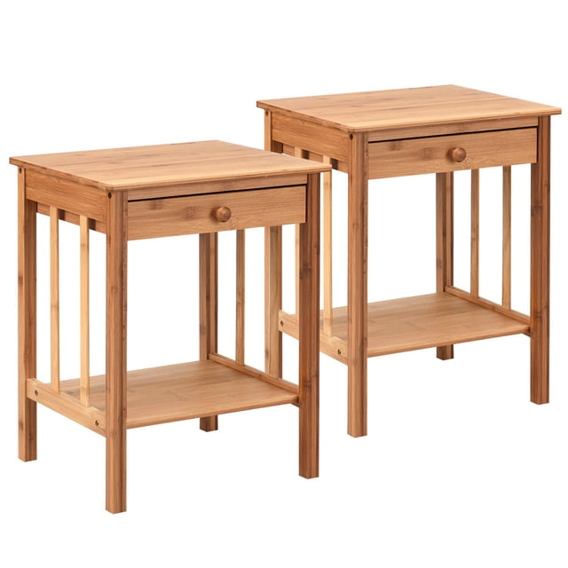 Costway 2PCS Bamboo Nightstand End Table Drawer Storage Shelf Home Furniture