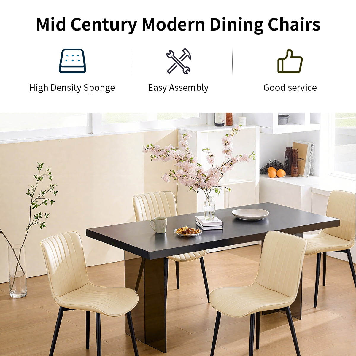 L'AGRATY Modern Dining Chairs Set of 6, High Back PU Leather Upholstered Kitchen Chairs with Cushion - Heavy Duty Metal Legs for Dining Room, Restaurant, Cafe (Beige)