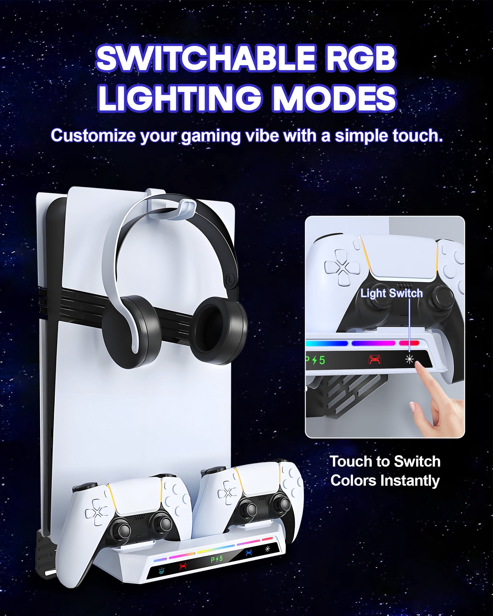 for PS5 Wall Mount Kit with 2-in-1 Charging Station, Floating Shelf Holder with Controller Fast Charger, 9 RGB Light Modes, for All PlayStation 5/Slim/Pro Disc & Digital Console