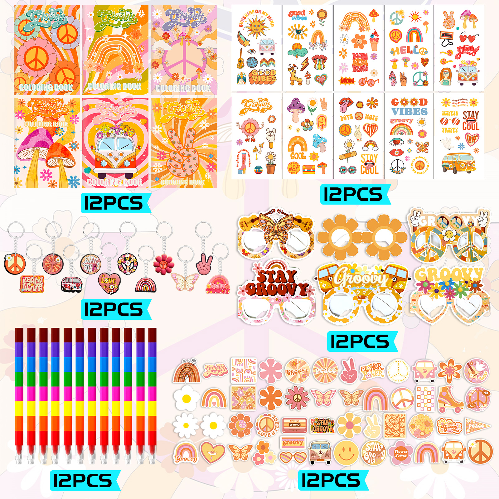 110PCS Groovy Boho Party Favors Groovy Coloring Books and Eight Color Crayons Funny Keychains Paper Glasses Stickers For Kids