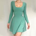 thumbnail image 5 of AherBiu Womens Long Sleeve Dresses Square Neck Basic Layer Slim Short Black Dress Solid Color, 5 of 5