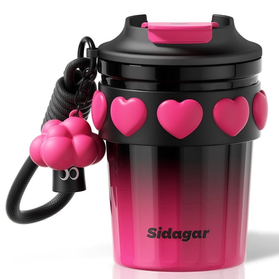Sidagar 12 oz Cute Insulated Coffee Mug with Leak-Resistant Lid, Stainless Steel Coffee Cup, Dark Pink Heart Pattern