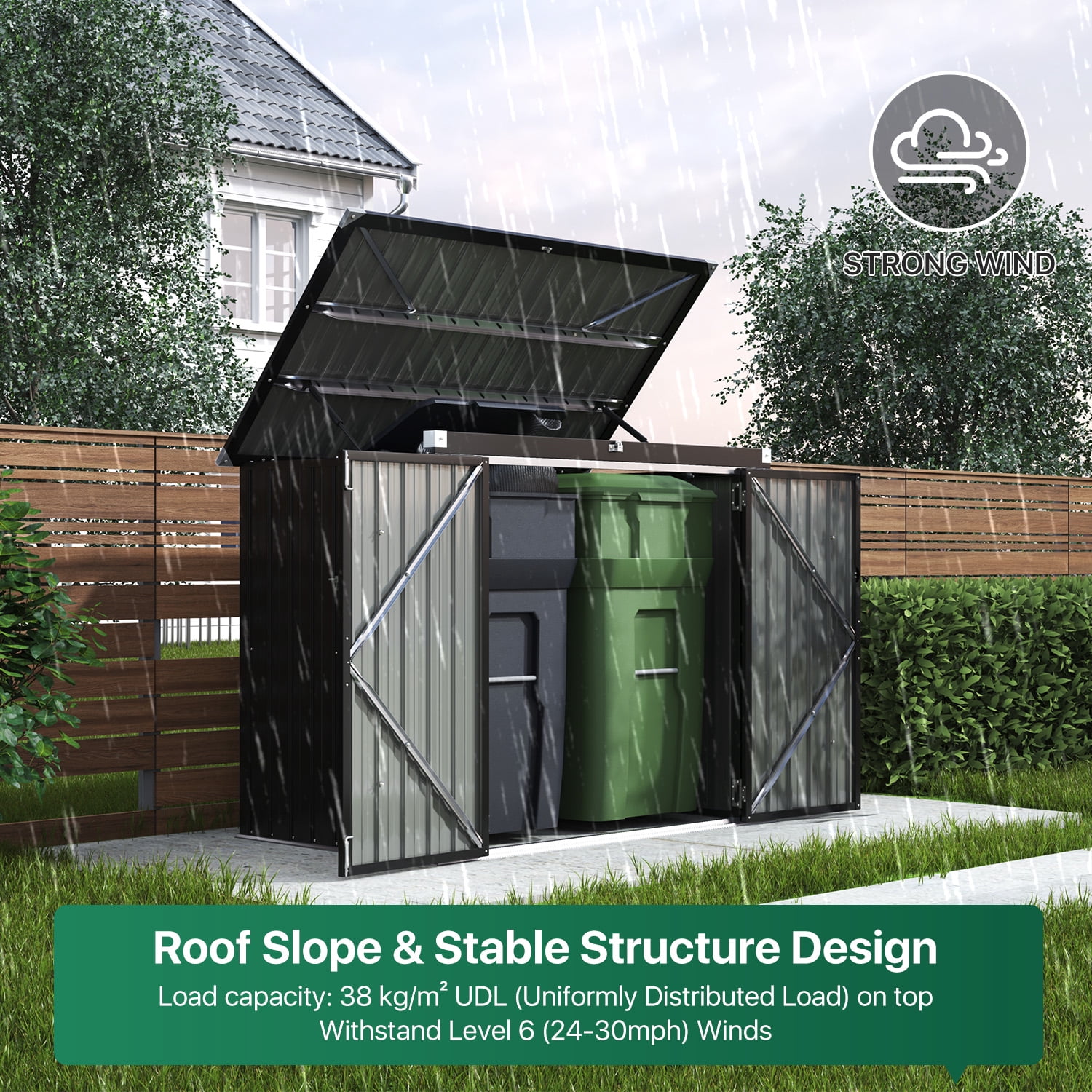Clouddwell 3 x 5 FT Trash Can Storage 79 Cu Ft, Storage Shed Outdoor Metal Garbage Can Shed with Lockable Doors and Easy Lift Hinges, Black