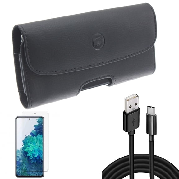 10ft USB Cable & Case Belt Clip & Screen Protector for Samsung Galaxy S20 Fan Edition - Type-C Charger Cord   Leather Holster   Anti-Glare Tempered Glass Combo
