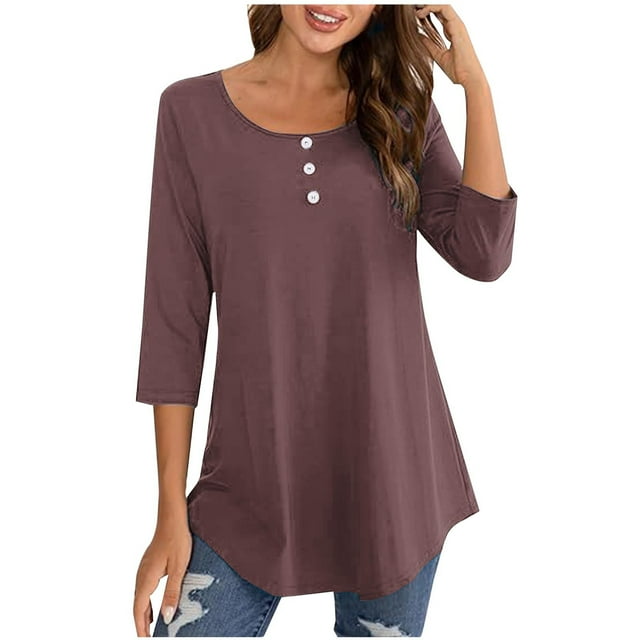 FAIWAD Oversized Tshirts for Women 3/4 Sleeve Button Decor Tops Cute Round Neck Basic Business Tees Blouses