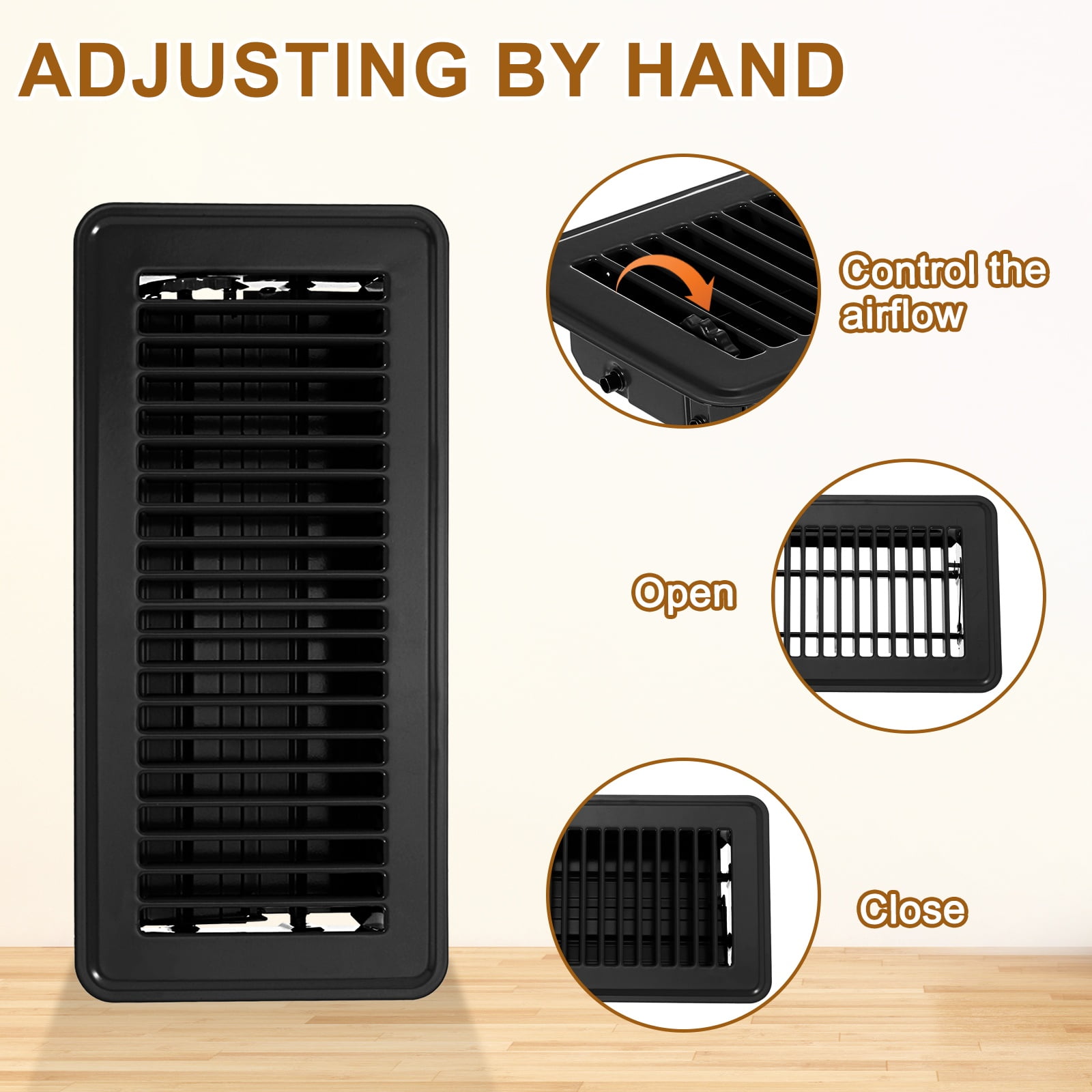 4x10 Inch Floor Vent Covers, Floor Registers Metal Walkable Air Vent Covers Easy Adjustable Air Supply Lever, Black 4 Pcs