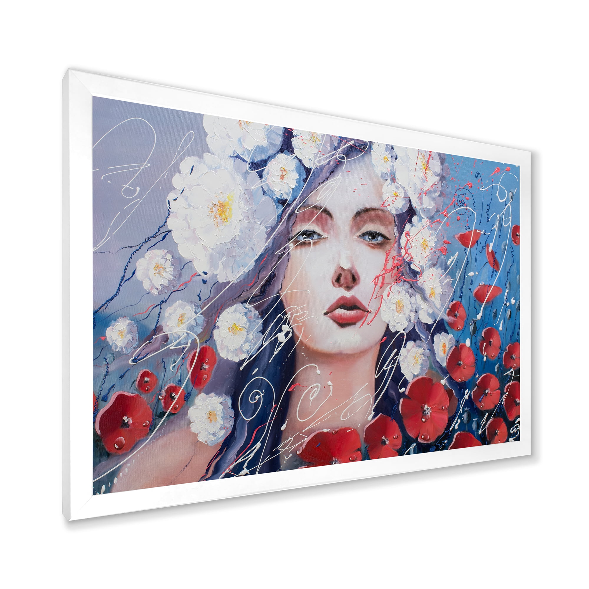 Designart 'Portrait Of A Young Lady With Red & White Flowers' Traditional Framed Art Print