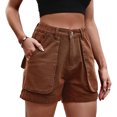 thumbnail image 1 of Pantalones cortos de bolsillo de mezclilla Pierna recta Cintura elástica Botón Cremallera Pantalones cortos de mezclilla de talle alto para verano Marrón S, 1 of 8