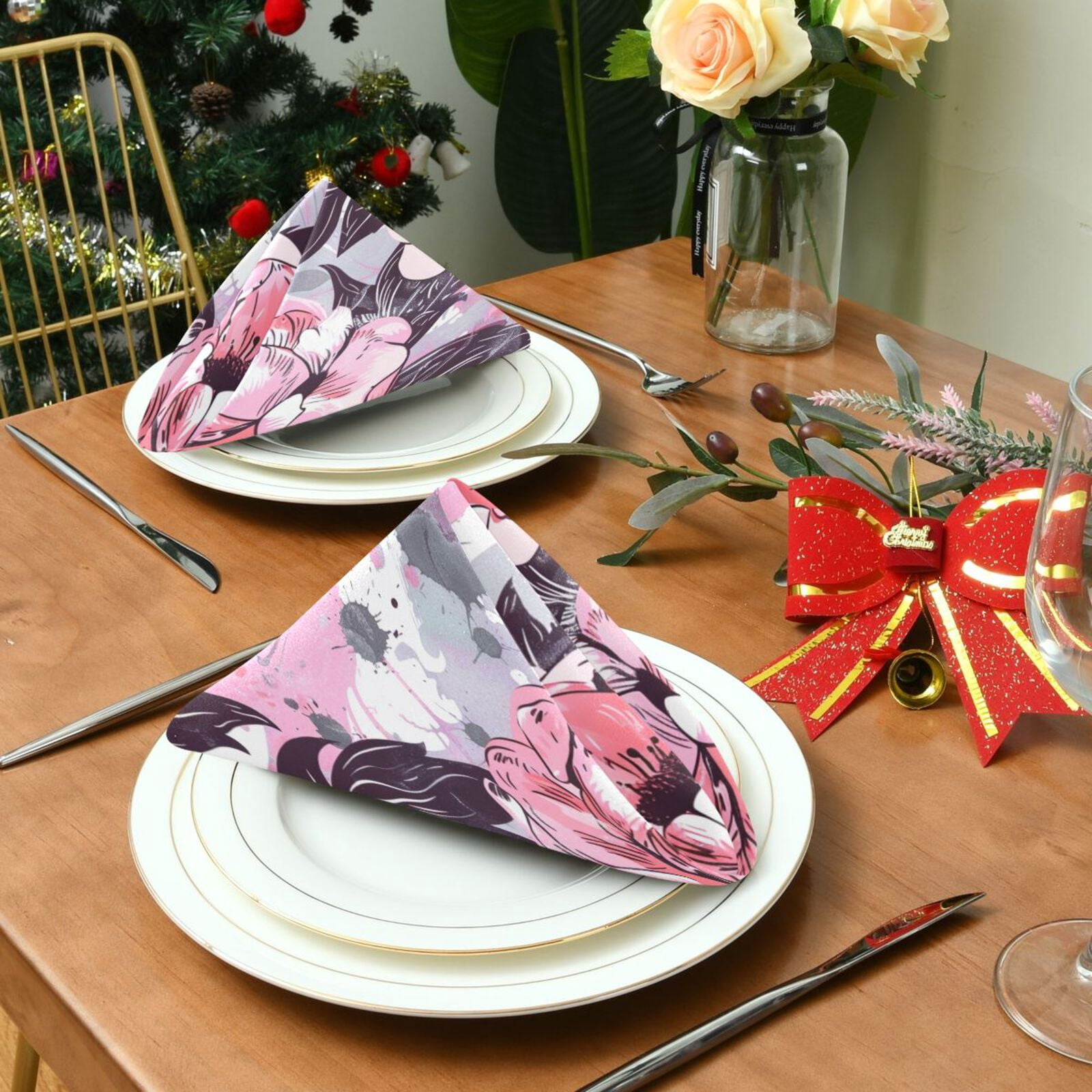 JSTEL Pink Peony Flower Watercolor Cloth Napkins Set of 6, 20x20 Inch Washable and Reusable Napkin for Decoupage Dinner Party Everyday Use