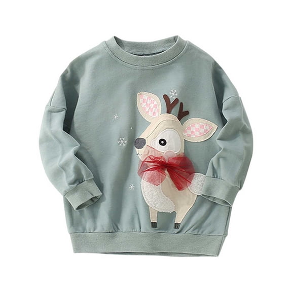 CUZIBR Little Girls Crewneck Sweatshirt Long Sleeve Cartoon Applique Pullover Cute Fall Winter Clothes,Dark Green,2-3 Years