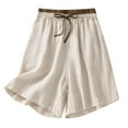 thumbnail image 2 of POTETI Bermuda Shorts for Women Cotton Linen High Waisted Womens Plus Size Shorts Beige Elastic Solid Wide Leg Casual Drawstring Shorts, 2 of 7