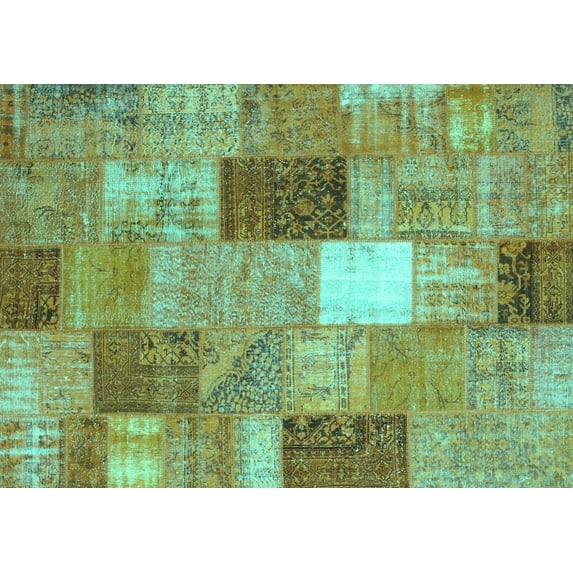 Ahgly Company Machine Washable Indoor Rectangle Patchwork Turquoise Blue Transitional Area Rugs, 4' x 6'