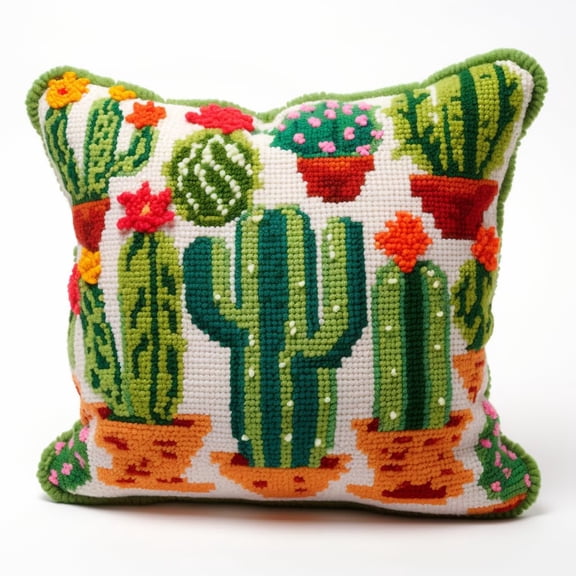 Latch Hook kits Pillow Green Cactus Printed Canvas Cushion Crochet Yarn Needlework DIY Hook Latch Kit Embroidery Pillowcase Rug Cover Home Sofa Christmas Decoration 43x43cm(5)