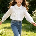 thumbnail image 4 of Fengqque Girls Peter Pan Collar Long Sleeve Blouse Lace Trim Satin Bow Shirt Casual Uniform 5-15 Years White-B 9-10 Years, 4 of 6
