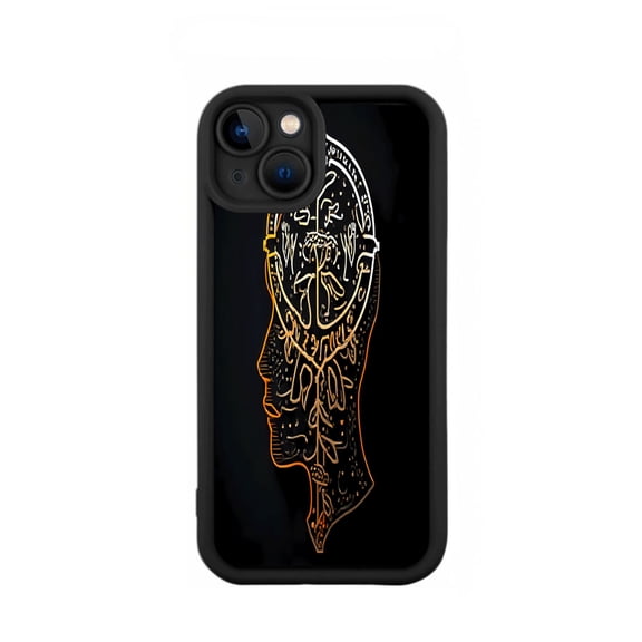Stylish iPhone 15 Case - Lightweight Yellowing Resistant with Intricate Orange & White Swirling Head Design on Black Background