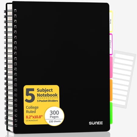 SUNEE 5 Subject Notebook College Ruled- 300 Pages, 8.2"x10.8", Black
