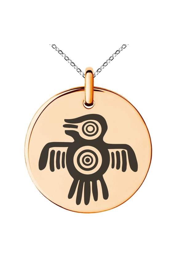 Stainless Steel Aztec Truth & Wisdom Eagle Rune Engraved Small Medallion Circle Charm Pendant Necklace
