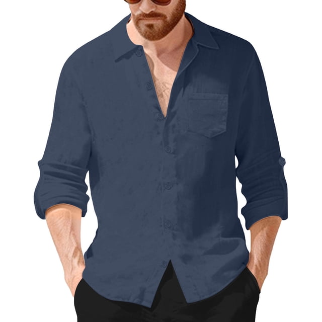 Camisas de Manga Larga con Botón de Solapa para Hombre de Ajuste Suelto Top de Moda de Bolsillo de Cardigan para el Verano