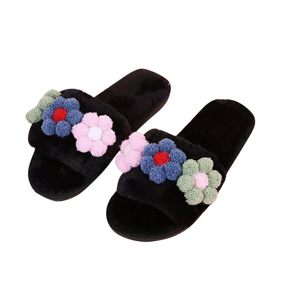 Tao Tao Women's Flower Fuzzy Slippers Wide Width Ladies Casual Warm Shoes Fashion Soft Sole Non Slip Slippers Bedroom Slides Black 37