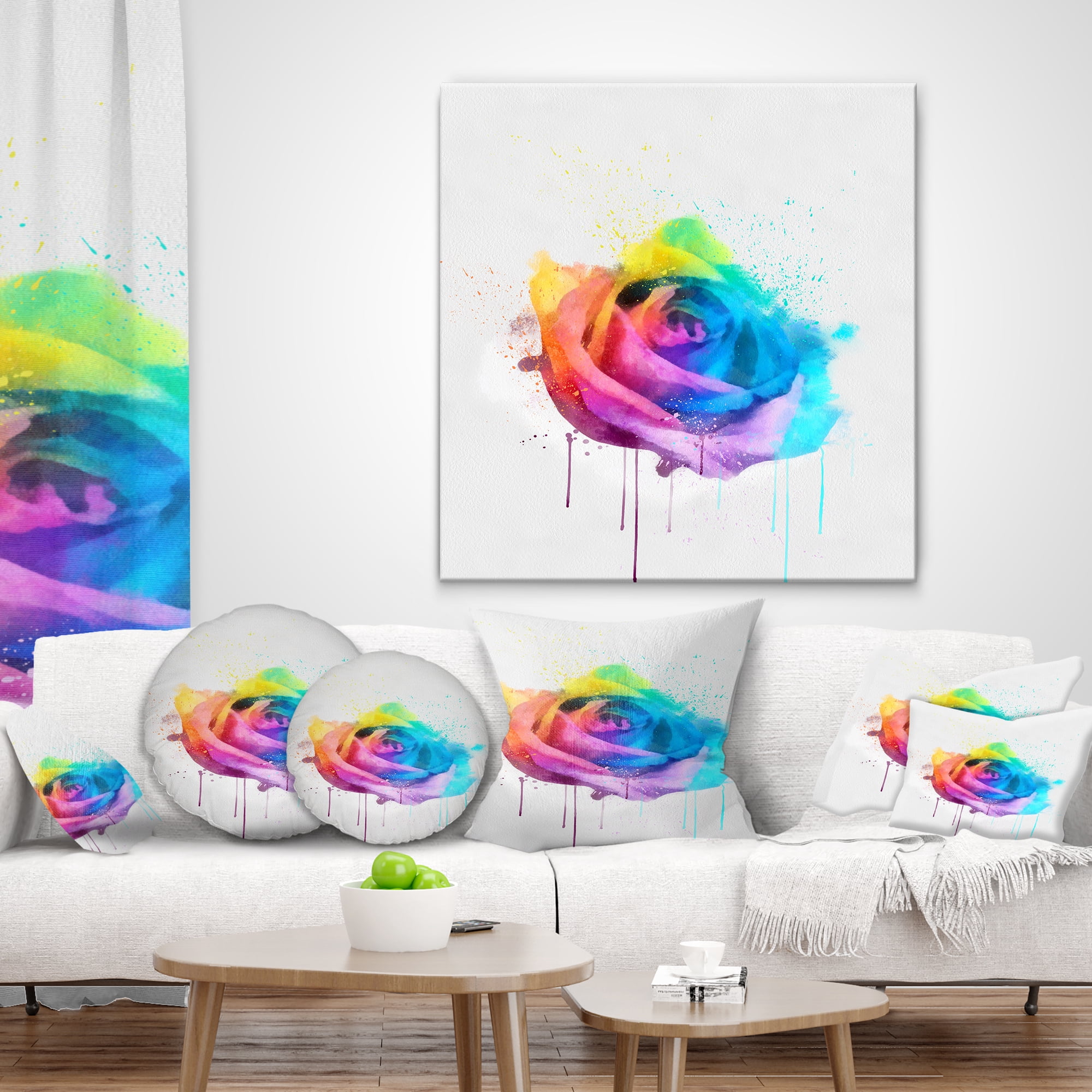 Designart Multicolor Watercolor Rose Flower - Floral Throw Pillow - 18x18