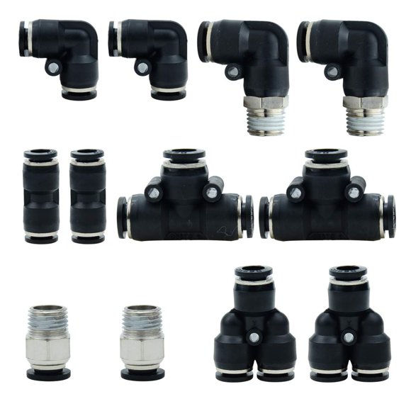 Beduan Pneumatic 5/16 OD Push to Connect Fittings Kit Air Line Quick Fittings 2 PL+2 Elbow+2 Tee+2 Y Spliter +2 Male Straight+2 Male Elbow 5/16" OD Tube OD x 1/4 inch NPT (12 Pcs)